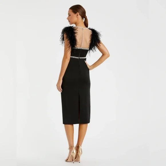 Mac Duggal Black Feather Cap Sleeve Pearl Embellished Midi Formal Dress | 2 - Picture 5 of 13